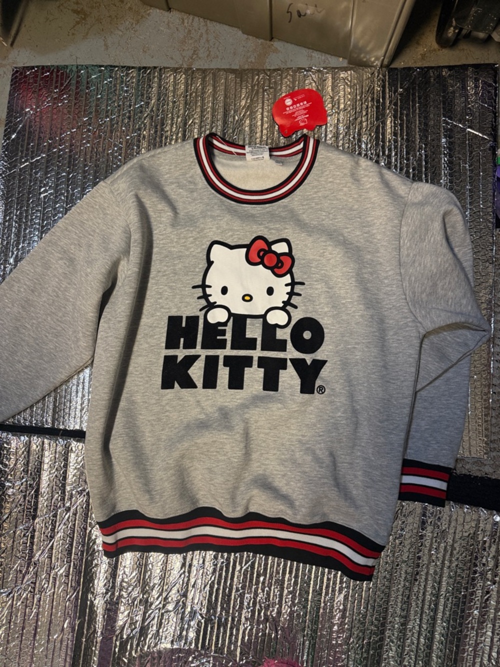 Authentic Hello Kitty Gray Sweatshirt NWT SZ L with Red Bow and Black Logo